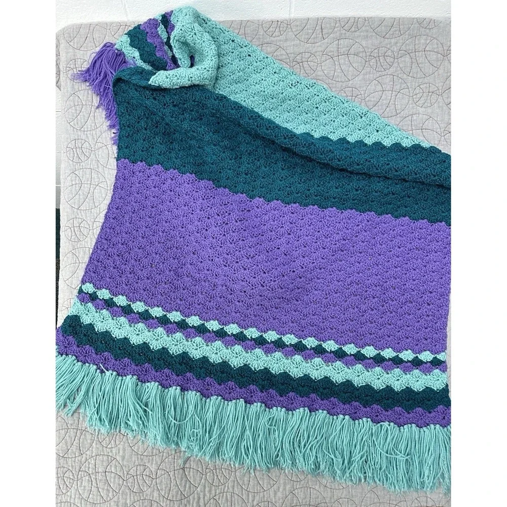 Handmade Crochet Afghan Throw Blanket Teal Purple Fringe Granny Stitch 70s Style